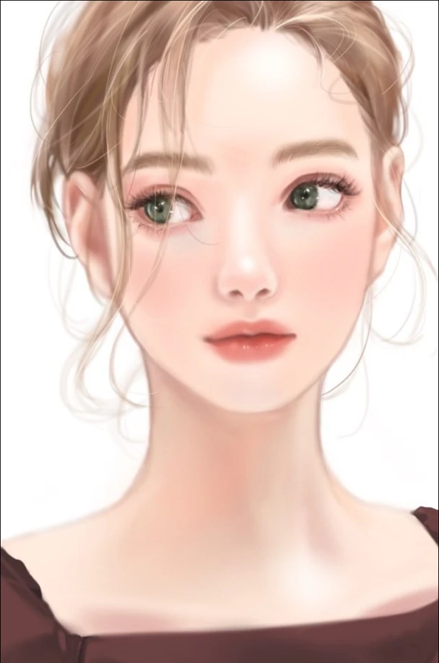 갈색 머리와 초록 눈을 표현한 세로 디지털 인물화